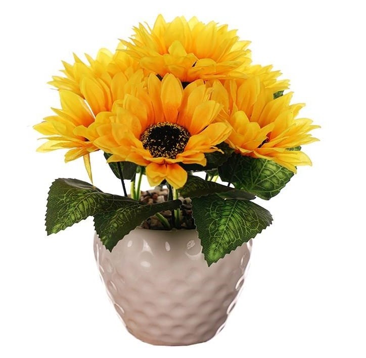 گلدان گل آفتابگردان مصنوعی با گل زرد و گلدان سفید
