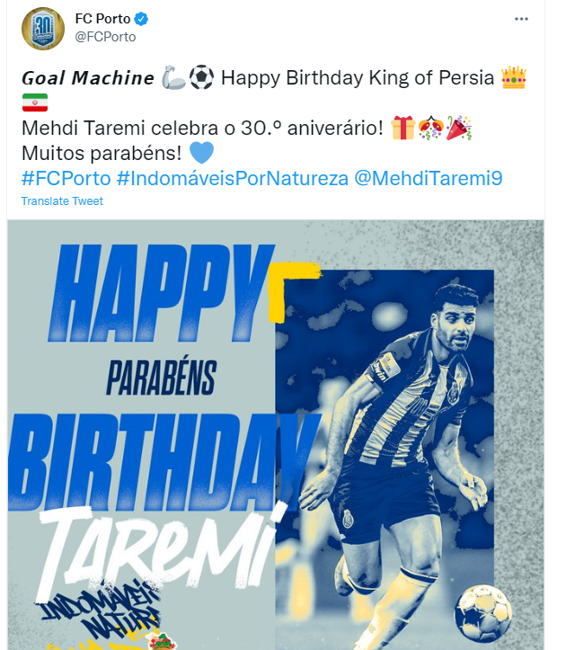 باشگاه پورتو تولد30سالگی طارمی را تبریک گفت