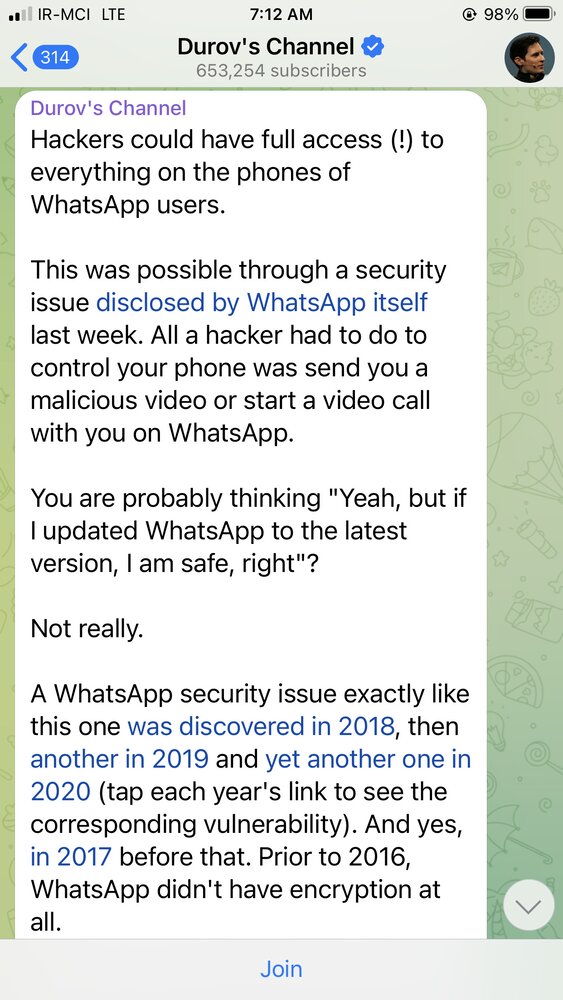 پیام عجیب مالک تلگرام؛ واتساپ را حذف کنید!