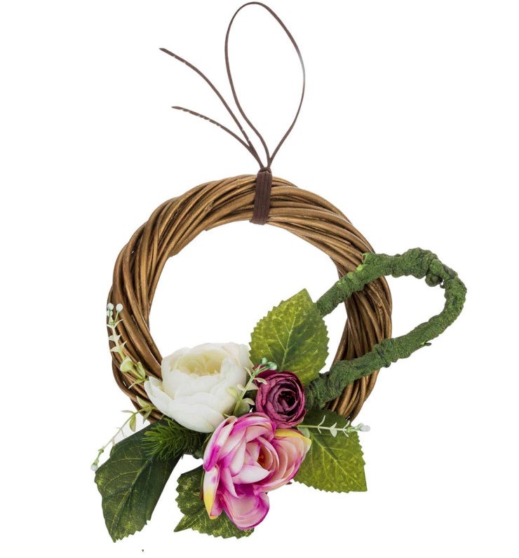حلقه گل مصنوعی چوبی با گل سفید و صورتی