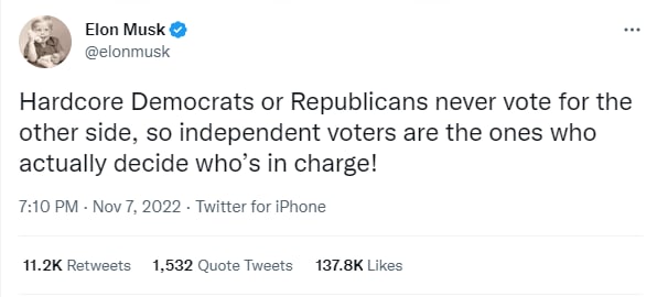 ایلان ماسک در توییتر خطاب به رای دهندگان مستقل: برای کنگره به جمهوری‌خواهان رای دهید